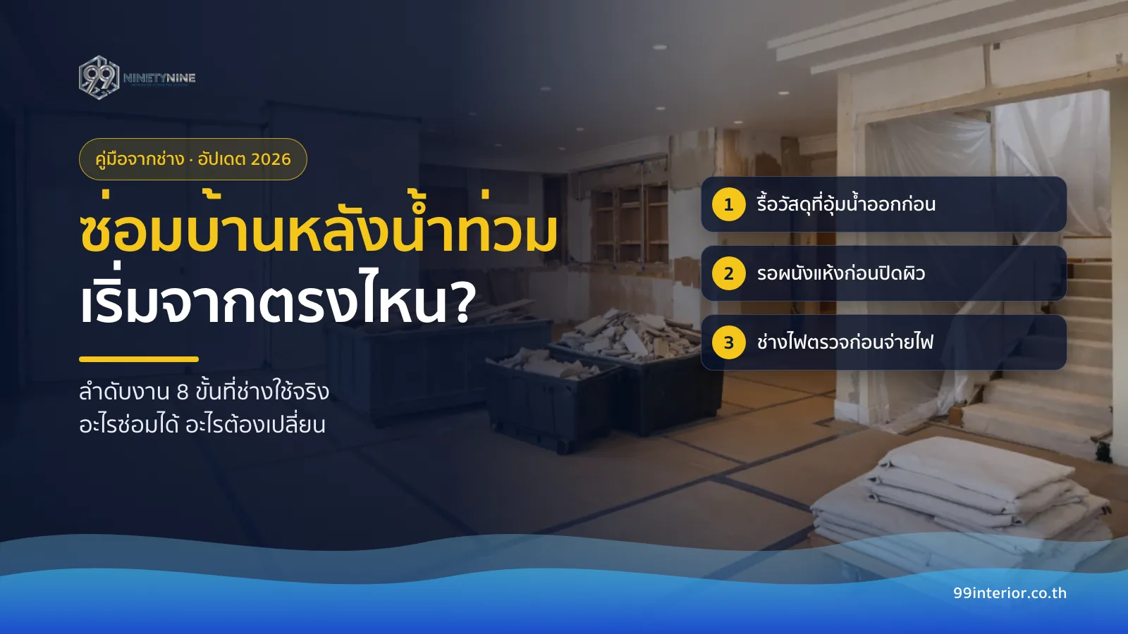ลำดับซ่อมบ้านหลังน้ำท่วม 8 ขั้น เริ่มจากรื้อวัสดุที่อุ้มน้ำ รอผนังแห้ง และให้ช่างไฟตรวจก่อนจ่ายไฟ