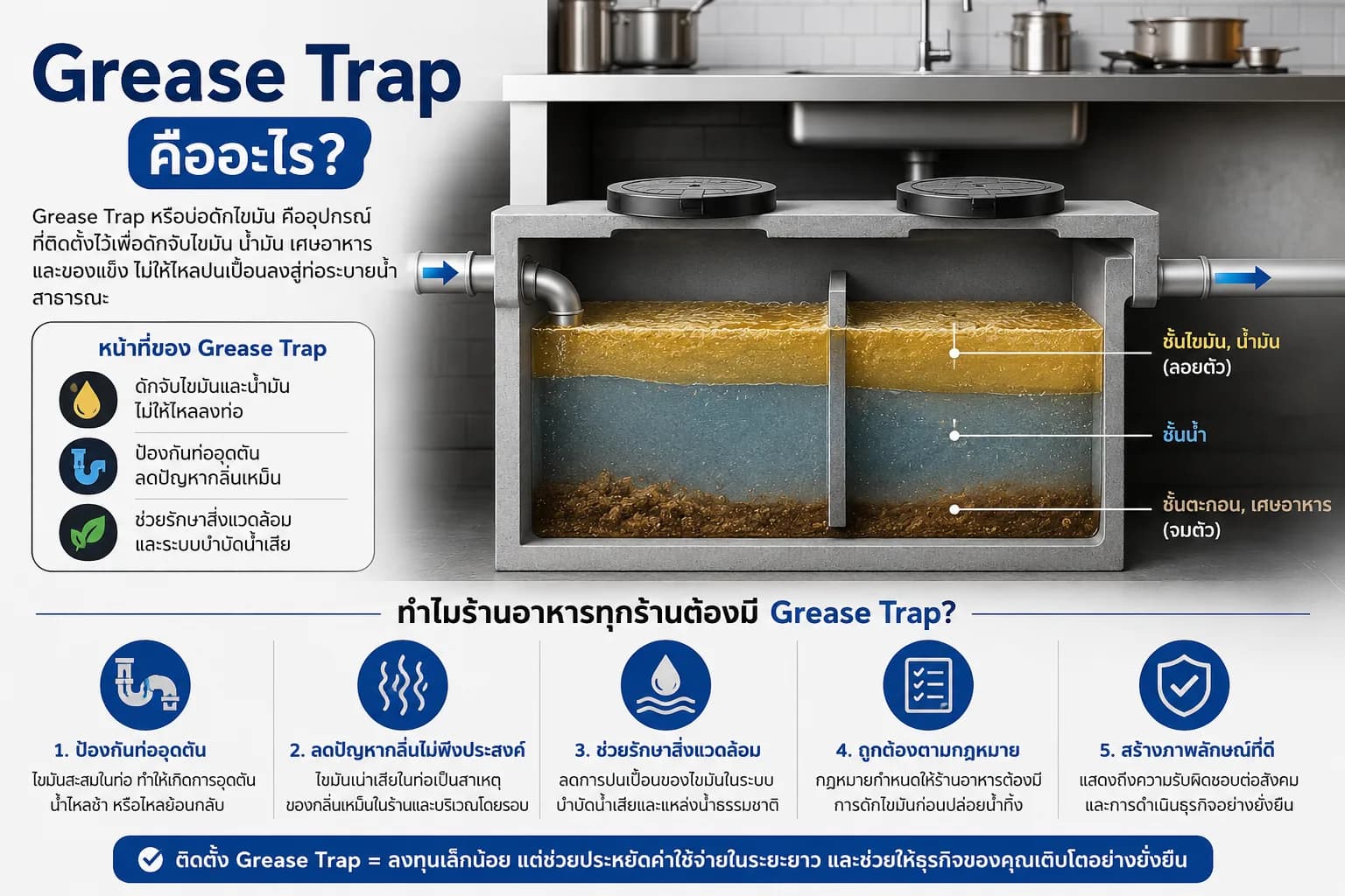 ภาพถังดักไขมัน Grease Trap สำหรับบทความอธิบายระบบดักไขมันร้านอาหารและครัวเชิงพาณิชย์