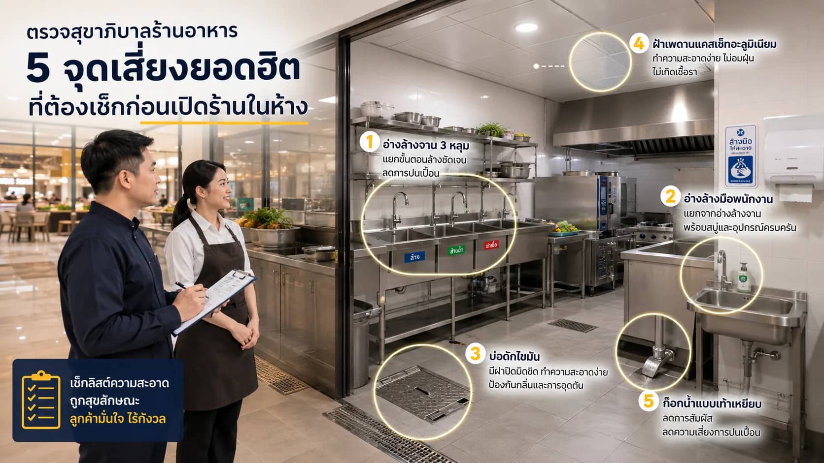 อินโฟกราฟิกตรวจสุขาภิบาลร้านอาหารในห้าง 5 จุดเสี่ยงยอดฮิตที่ควรเช็กก่อนเปิดร้าน พร้อมตัวอย่างครัวร้านอาหารและจุดตรวจสุขลักษณะ