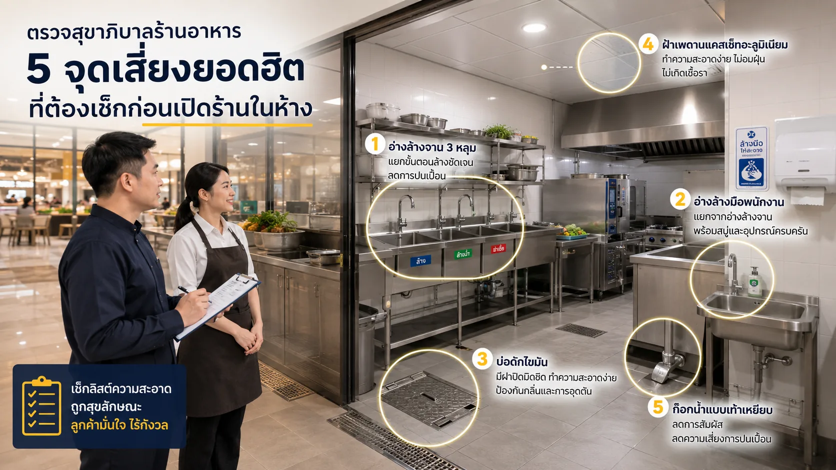 อินโฟกราฟิกตรวจสุขาภิบาลร้านอาหารในห้าง 5 จุดเสี่ยงยอดฮิตที่ควรเช็กก่อนเปิดร้าน พร้อมตัวอย่างครัวร้านอาหารและจุดตรวจสุขลักษณะ