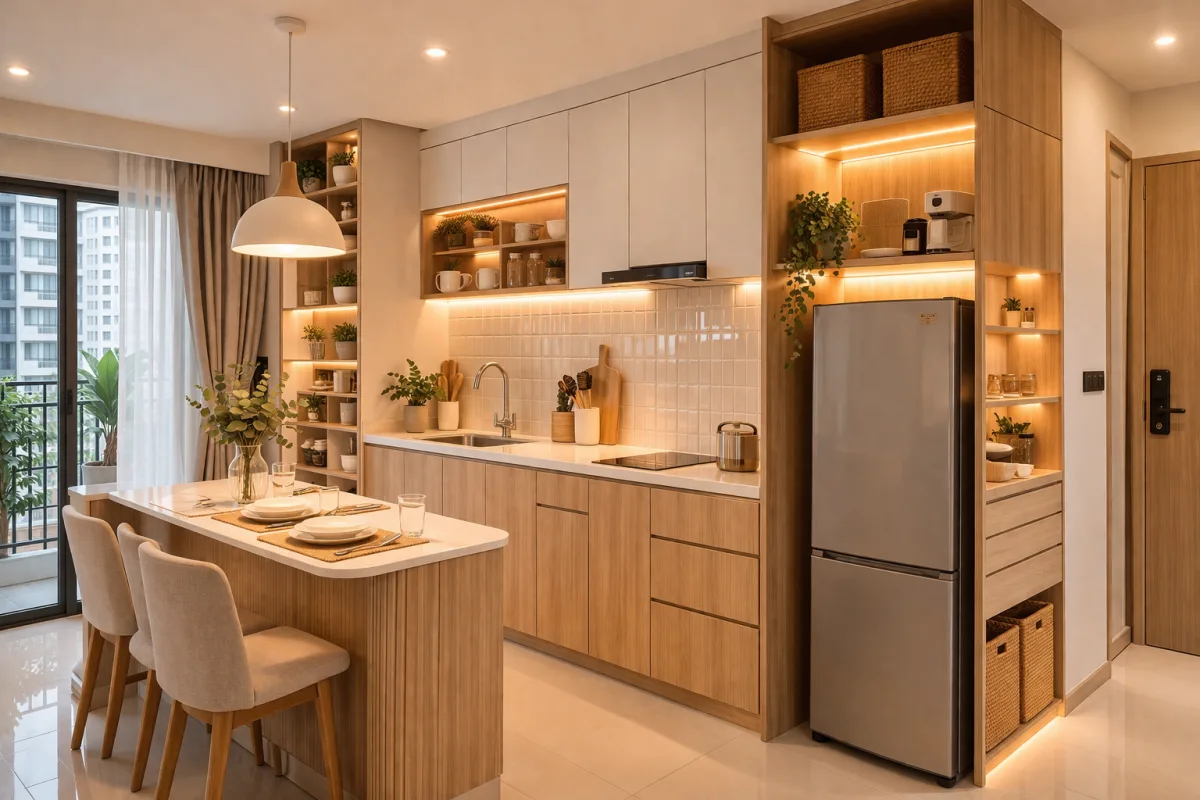 ภาพตัวอย่างคอนโดมือสองที่รีโนเวทใหม่พร้อมครัวและพื้นที่เก็บของสำหรับบทความรีโนเวทคอนโดมือสอง