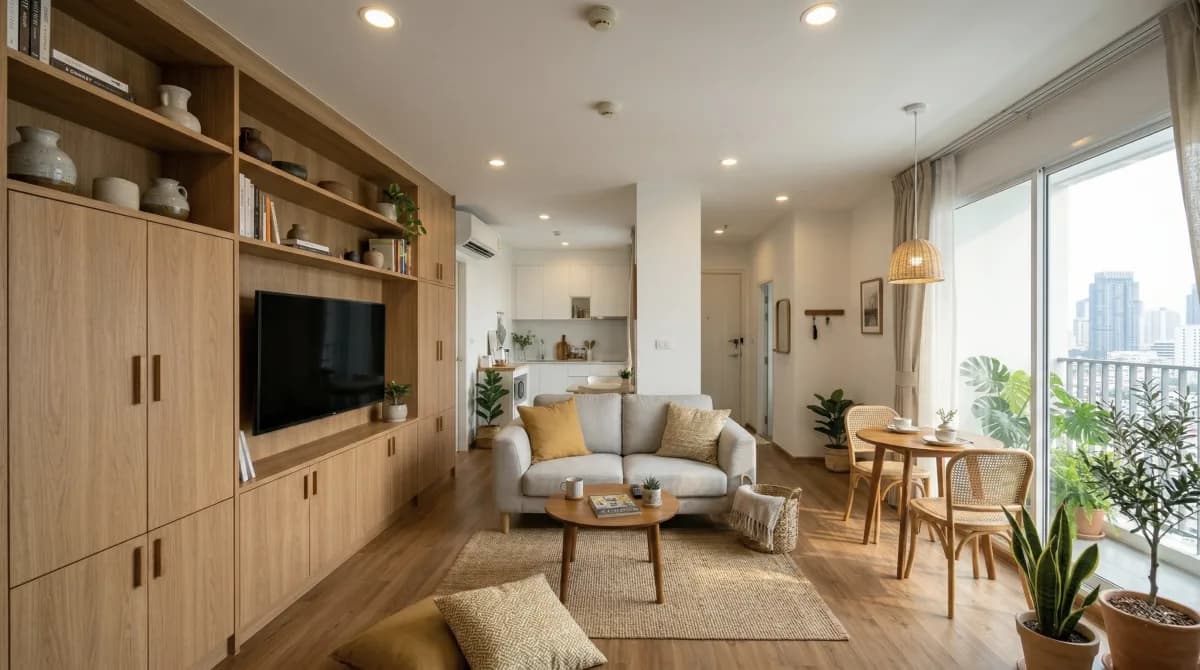 ภาพตัวอย่างรีโนเวทคอนโดพร้อมบิลท์อินและพื้นที่นั่งเล่นสำหรับบทความงบรีโนเวทคอนโด