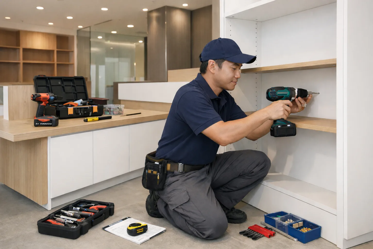 ภาพตัวอย่างงานประกอบและติดตั้งชั้นวางสินค้าในพื้นที่จริงสำหรับบทความราคางานประกอบเฟอร์นิเจอร์